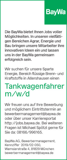 Stellenanzeige BayWa AG Allershausen | Tankwagenfahrer m/w/d