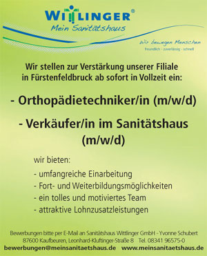 Stellenanzeige Sanitätshaus Wittlinger GmbH | Orthopädietechniker/in | Verkäufer/in im Sanitätshaus